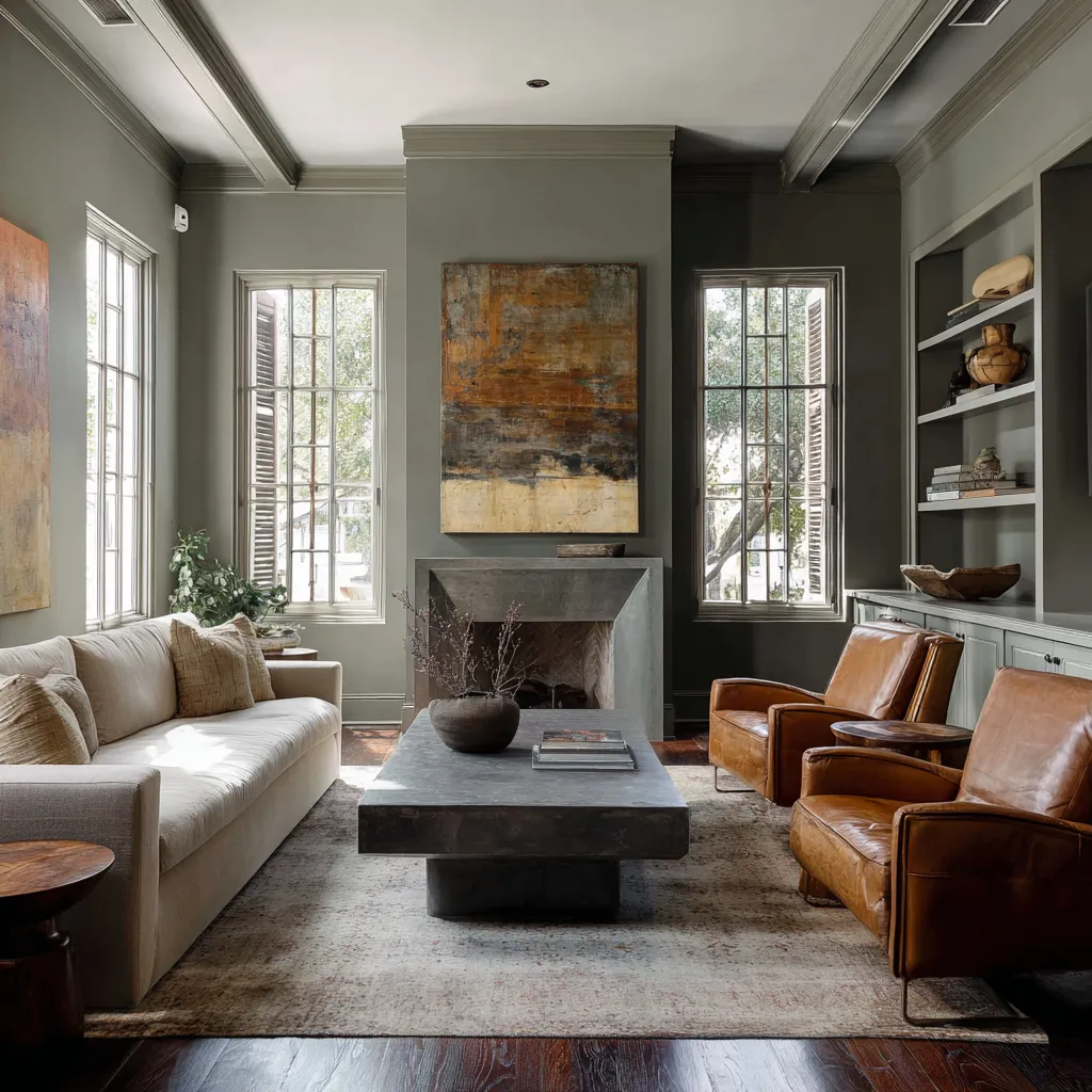 Moody living room ideas with deep gray-green walls, tall narrow windows, a minimal stone fireplace, pale sofa, cognac leather chairs Moody living room ideas with deep gray-green walls, tall narrow windows, a minimal stone fireplace, pale sofa, cognac leather chairs