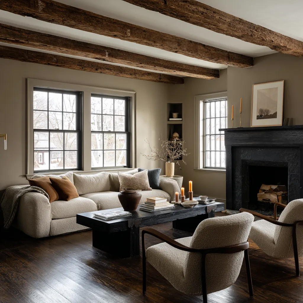 Moody rustic Scandinavian living room design concept with dark timber ceiling beams, a charcoal fireplace Moody rustic Scandinavian living room design concept with dark timber ceiling beams, a charcoal fireplace