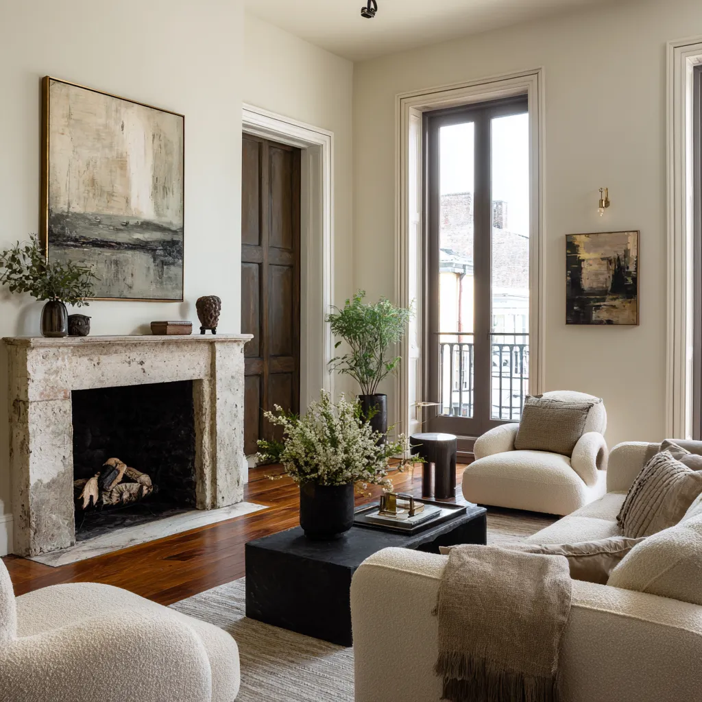 More urban, more edited New Orleans living room design centered on balcony light and a rough stone mantel More urban, more edited New Orleans living room design centered on balcony light and a rough stone mantel