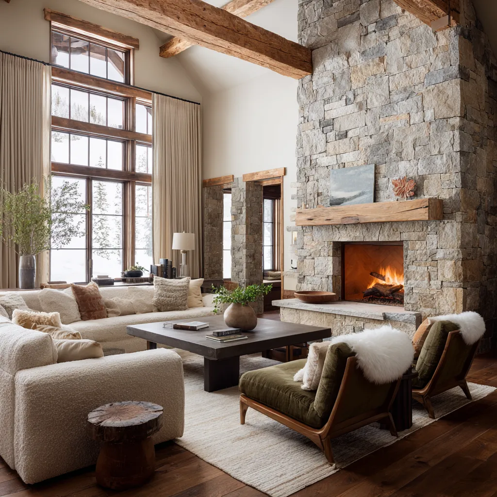 Mountain rustic Scandinavian living room design concept with a double-height stone chimney, exposed beams Mountain rustic Scandinavian living room design concept with a double-height stone chimney, exposed beams