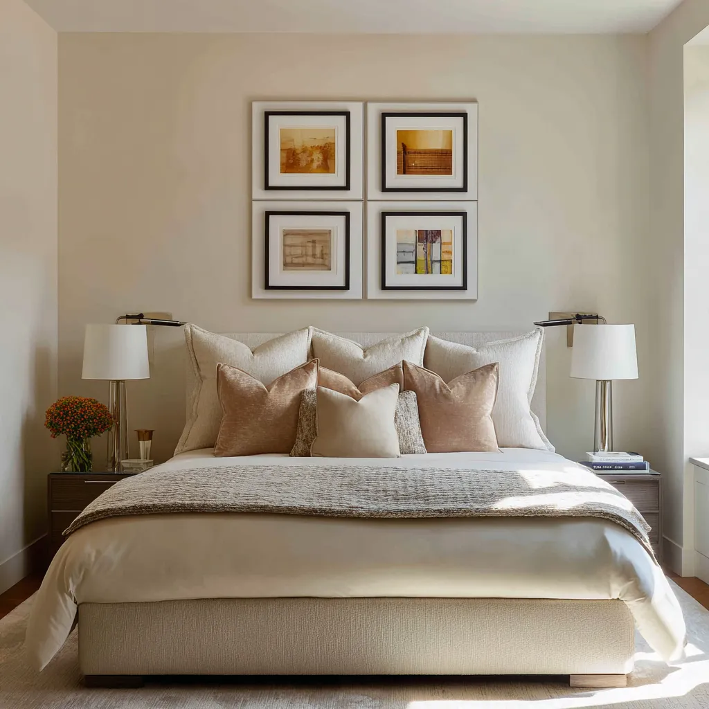 Mural style bedroom decor ideas above bed with ten framed abstract studies arranged in two precise rows Mural style bedroom decor ideas above bed with ten framed abstract studies arranged in two precise rows