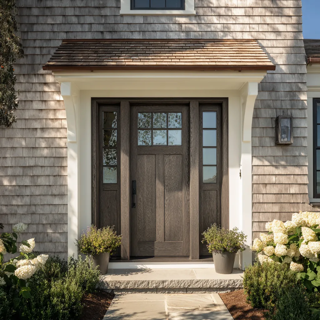 Mushroom-brown rift-oak Cape main door concept with narrow sidelights under a compact shingle-roofed porch Mushroom-brown rift-oak Cape main door concept with narrow sidelights under a compact shingle-roofed porch