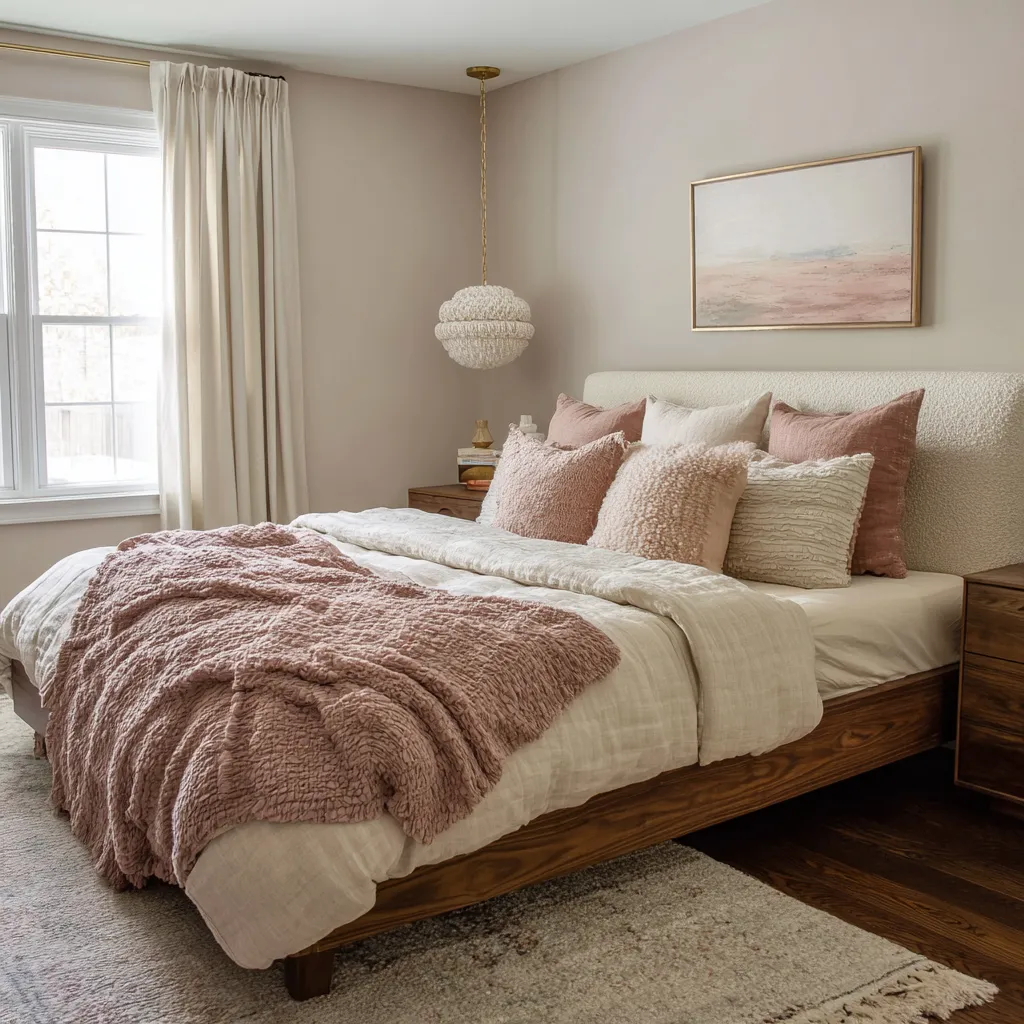Muted blush boho Scandinavian bedroom with a walnut bed frame, layered pink and cream pillows, a plush rose-toned throw Muted blush boho Scandinavian bedroom with a walnut bed frame, layered pink and cream pillows, a plush rose-toned throw