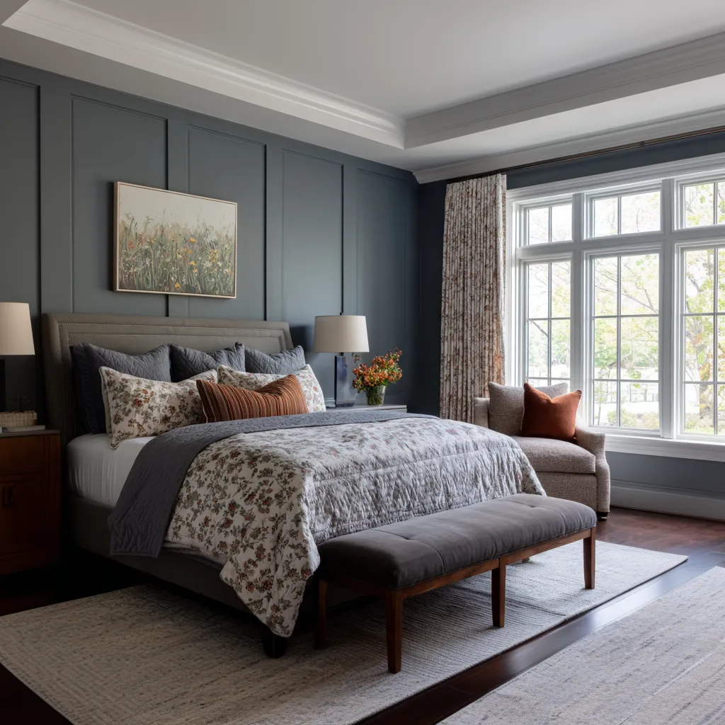 Muted dark blue-gray paneled bedroom with floral bedding, a rust accent pillow, patterned drapery, and a bench at the foot of the bed Muted dark blue-gray paneled bedroom with floral bedding, a rust accent pillow, patterned drapery, and a bench at the foot of the bed