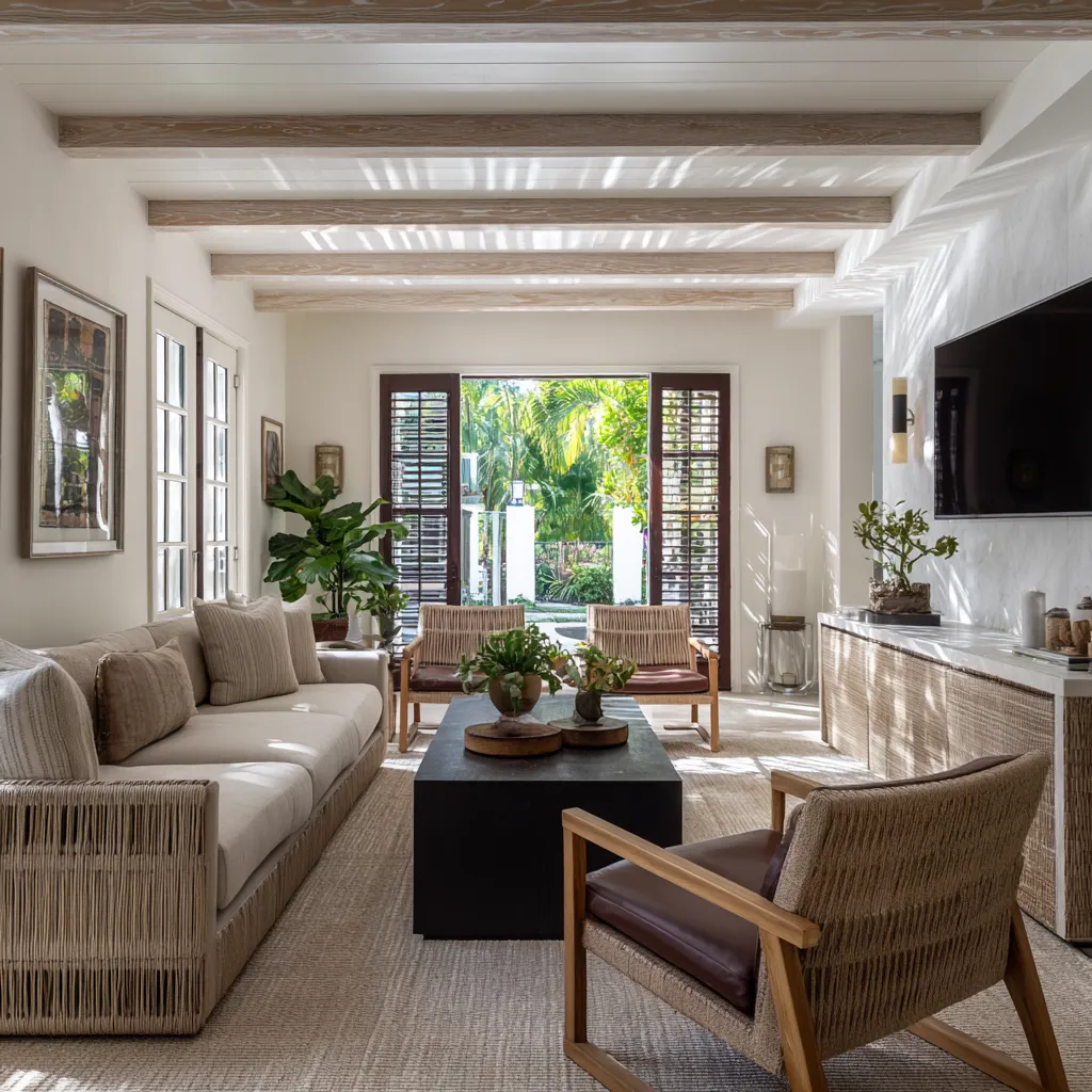 Narrow Tropical British colonial interior design concept with pale beam ceiling, filtered sunlight Narrow Tropical British colonial interior design concept with pale beam ceiling, filtered sunlight