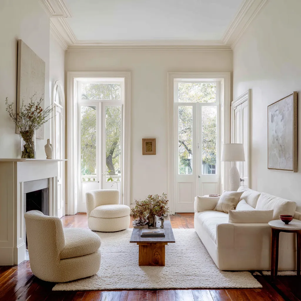 Narrow living room with paired tall glazed doors, a simple white fireplace, long low sofa, rounded boucle chairs Narrow living room with paired tall glazed doors, a simple white fireplace, long low sofa, rounded boucle chairs