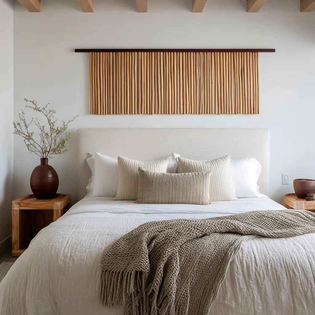 Neutral Coastal bedroom design featuring a hanging slatted screen above the bed, exposed beams, chunky knit throw Neutral Coastal bedroom design featuring a hanging slatted screen above the bed, exposed beams, chunky knit throw