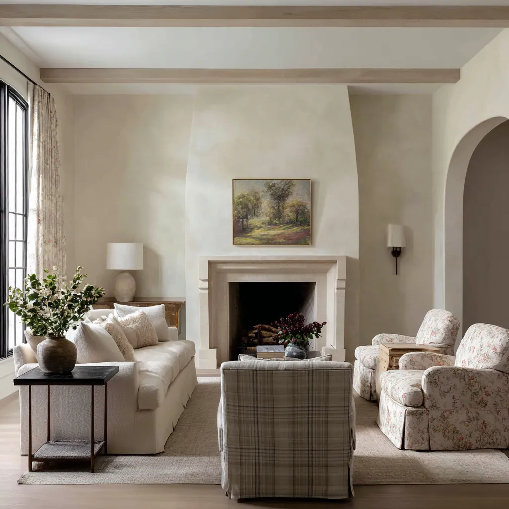 Neutral grandmillennial living room ideas with plaster fireplace, pale sofa, floral armchairs, plaid accent chair Neutral grandmillennial living room ideas with plaster fireplace, pale sofa, floral armchairs, plaid accent chair