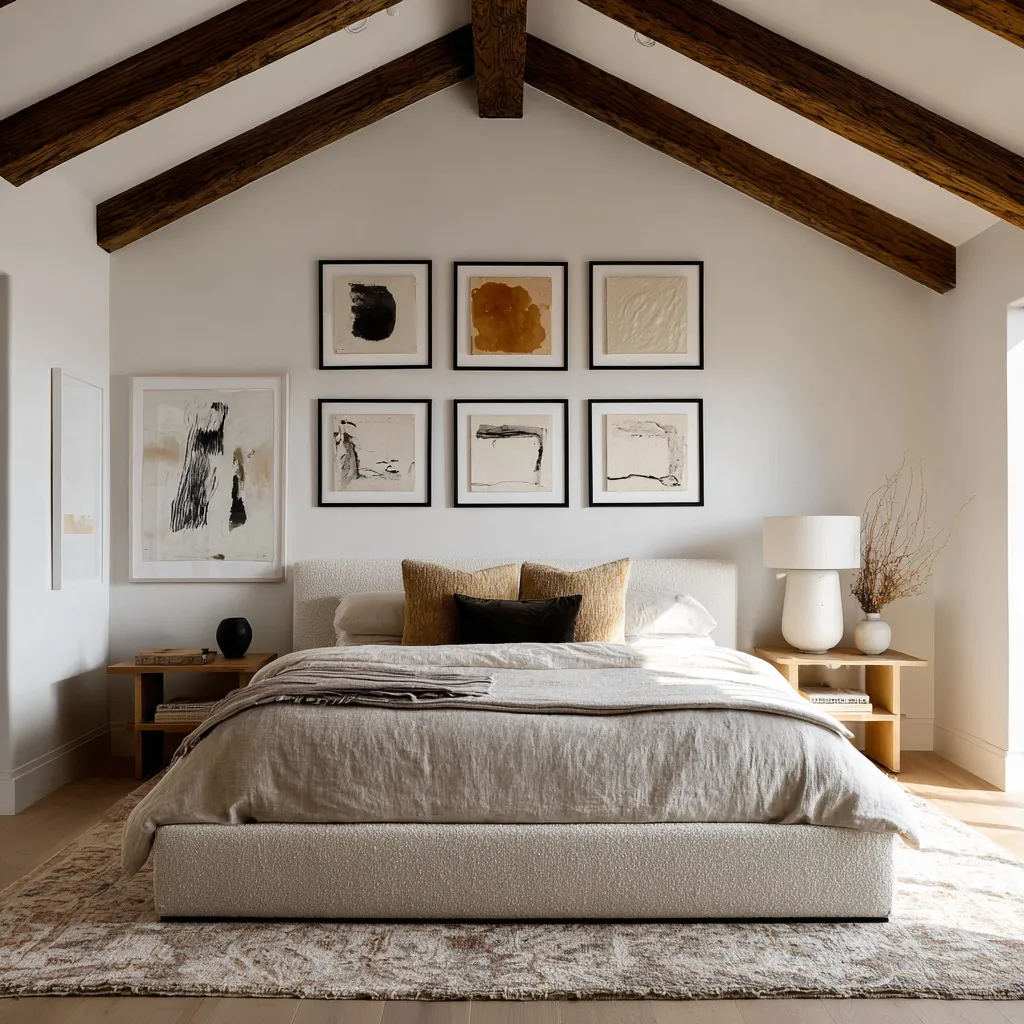 Nice Above the bed decorating ideas with six black-framed abstracts in a centered grid under dramatic vaulted wood beams Nice Above the bed decorating ideas with six black-framed abstracts in a centered grid under dramatic vaulted wood beams
