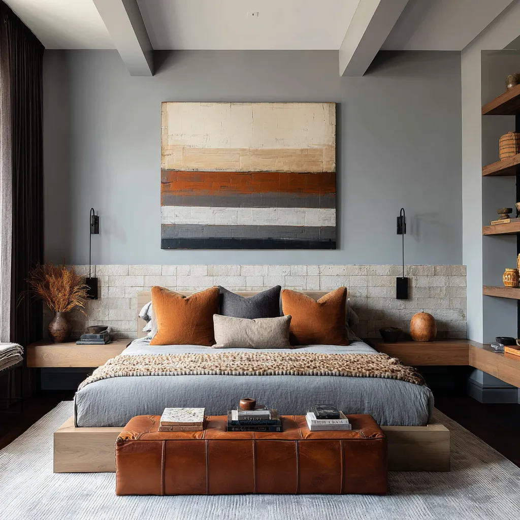 Nice Bedroom design wrapped in saturated turquoise walls with a dark oak bed, deep teal upholstered headboard, pale landscape painting Nice Bedroom design wrapped in saturated turquoise walls with a dark oak bed, deep teal upholstered headboard, pale landscape painting