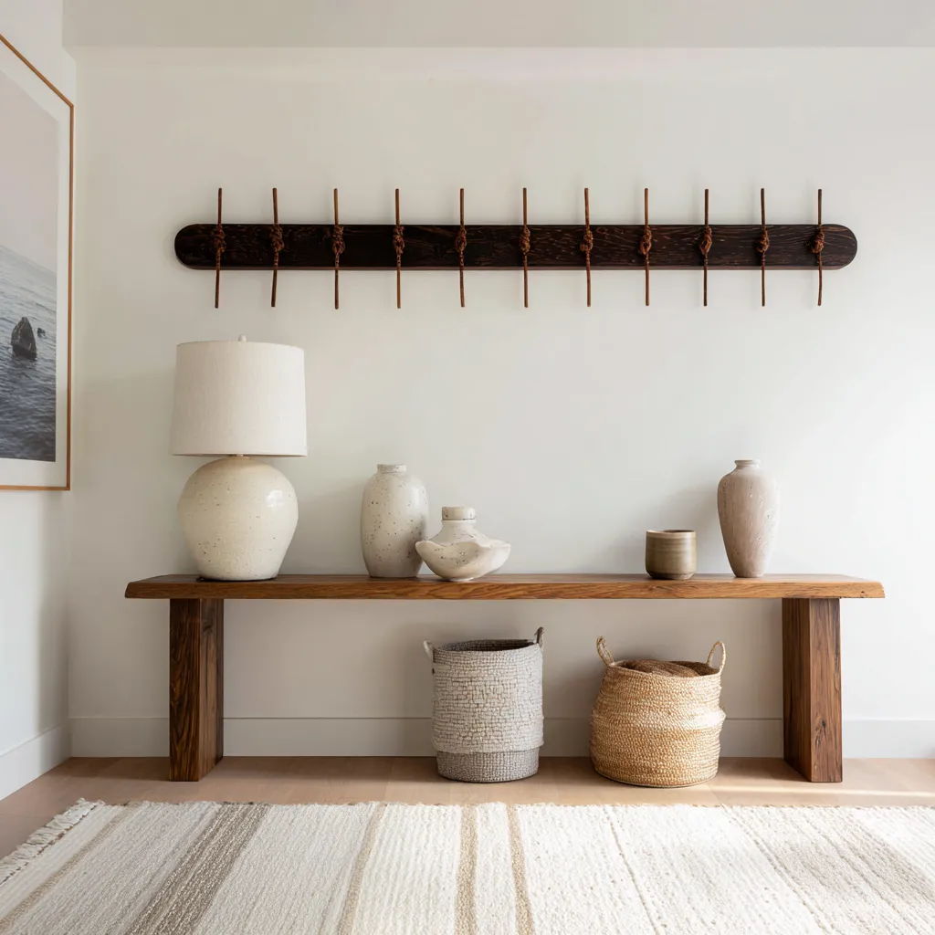 Nice Coastal entryway design with dark wood rope rail wall sculpture, rich wood console Nice Coastal entryway design with dark wood rope rail wall sculpture, rich wood console