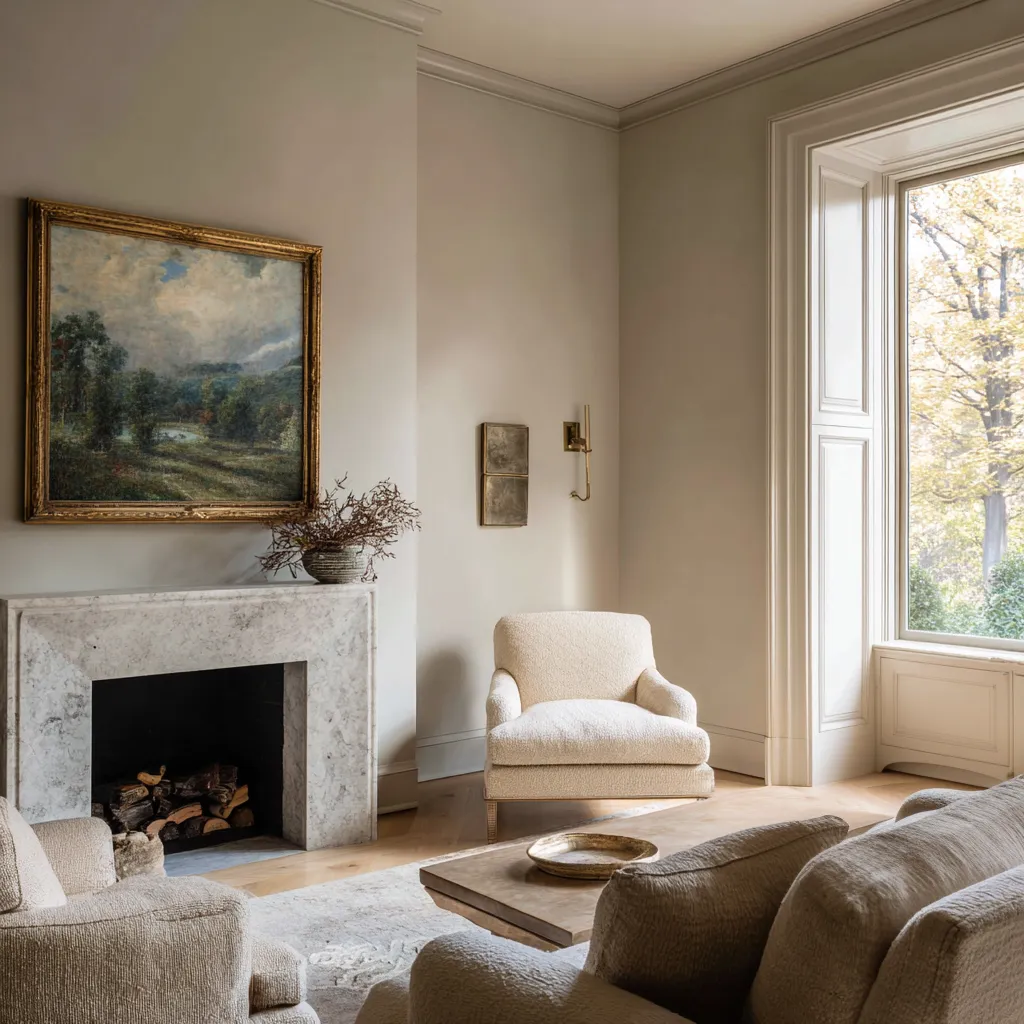 Nice English country old money living room idea with a simple pale marble fireplace, gilt landscape painting Nice English country old money living room idea with a simple pale marble fireplace, gilt landscape painting