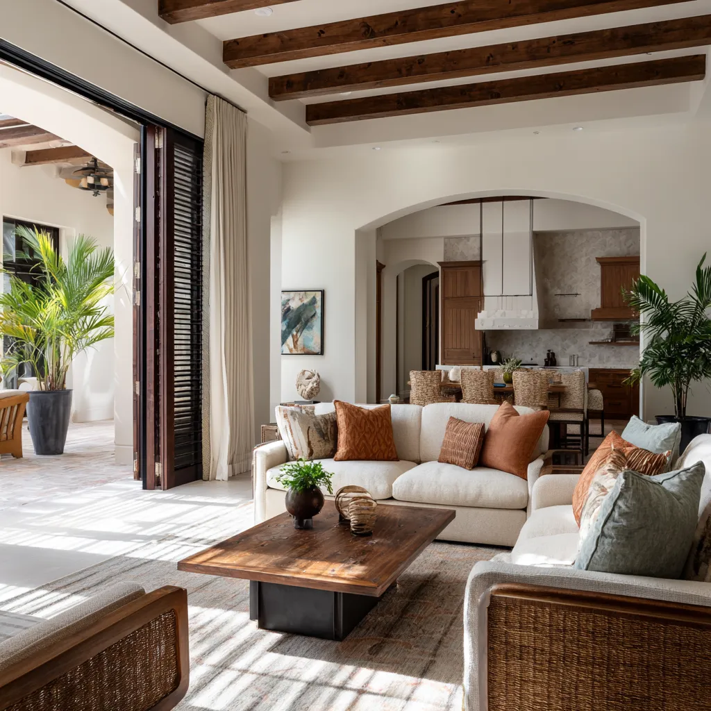 Nice Tropical British colonial living room design inspiration in a contemporary open plan with dark beams Nice Tropical British colonial living room design inspiration in a contemporary open plan with dark beams