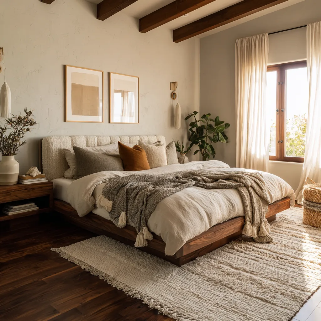 Nice cozy boho Scandinavian bedroom with exposed ceiling beams, a centered bed layered in cream and taupe textiles Nice cozy boho Scandinavian bedroom with exposed ceiling beams, a centered bed layered in cream and taupe textiles