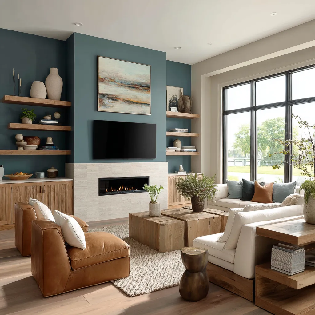 Nice eclectic living room ideas with blue-teal fireplace wall, pale stone surround, floating shelves, white sofas, caramel leather chairs