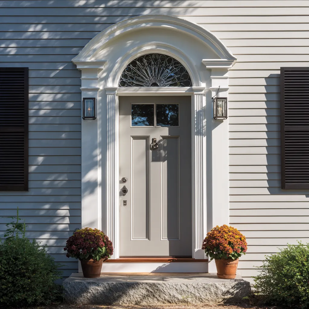 Nice gray main door idea under a restrained fan-pattern transom within a classical white surround, with dark shutters and slim lanterns Nice gray main door idea under a restrained fan-pattern transom within a classical white surround, with dark shutters and slim lanterns