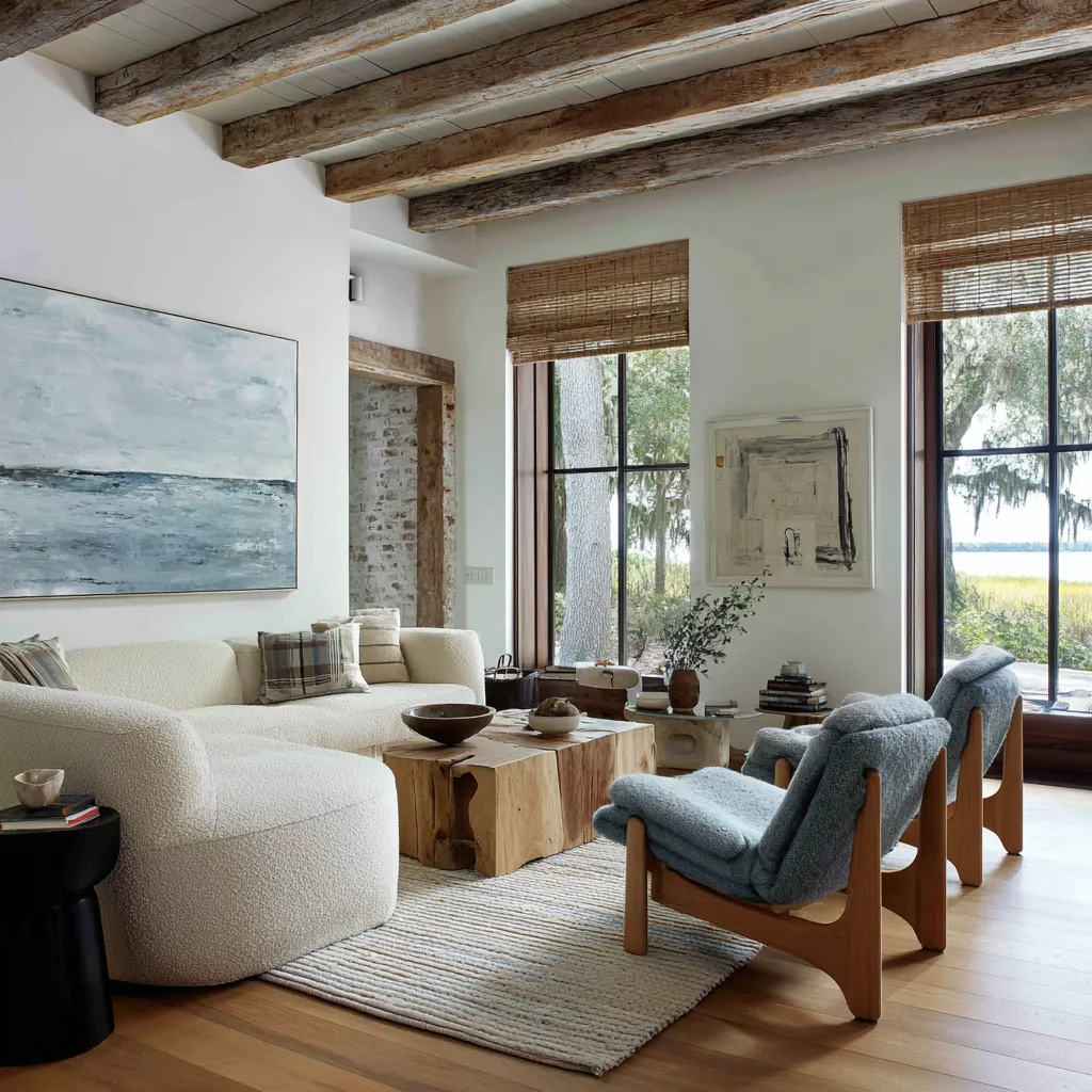 Nice living room with weathered exposed beams, tall black-framed windows facing marsh greenery, a curved cream sofa Nice living room with weathered exposed beams, tall black-framed windows facing marsh greenery, a curved cream sofa