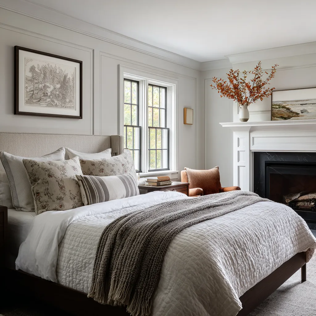 Nice pale paneled bedroom ideas with a fireplace, floral shams, striped lumbar pillow, and a rust accent chair near the hearth Nice pale paneled bedroom ideas with a fireplace, floral shams, striped lumbar pillow, and a rust accent chair near the hearth