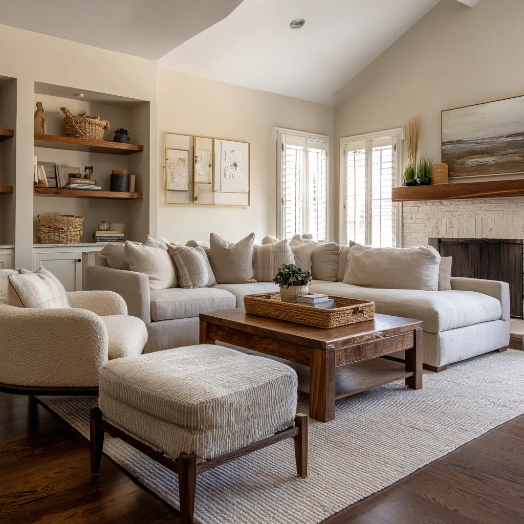 Nice rustic Scandinavian family room design inspiration with a large neutral sectional, dark wood floor, open shelving with baskets Nice rustic Scandinavian family room design inspiration with a large neutral sectional, dark wood floor, open shelving with baskets