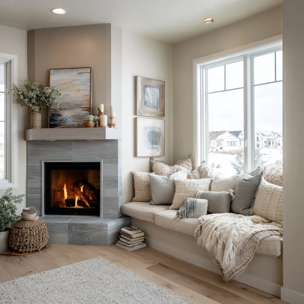 Norwegian interior design inspiration for a living room corner with stone fireplace, built-in window seat Norwegian interior design inspiration for a living room corner with stone fireplace, built-in window seat