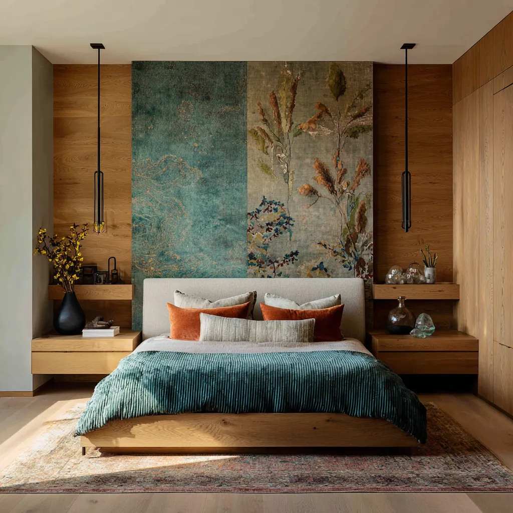 Oak-lined bedroom with a tall two-part mural in teal and botanical neutrals behind the bed, slim black pendants, teal bedding Oak-lined bedroom with a tall two-part mural in teal and botanical neutrals behind the bed, slim black pendants, teal bedding