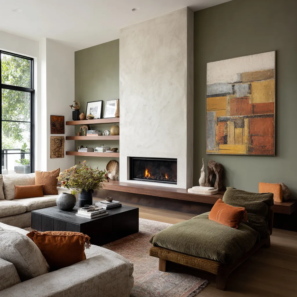 Olive eclectic living room with tall plaster fireplace, linear firebox, floating wood shelves, geometric abstract art, off-white seating Olive eclectic living room with tall plaster fireplace, linear firebox, floating wood shelves, geometric abstract art, off-white seating