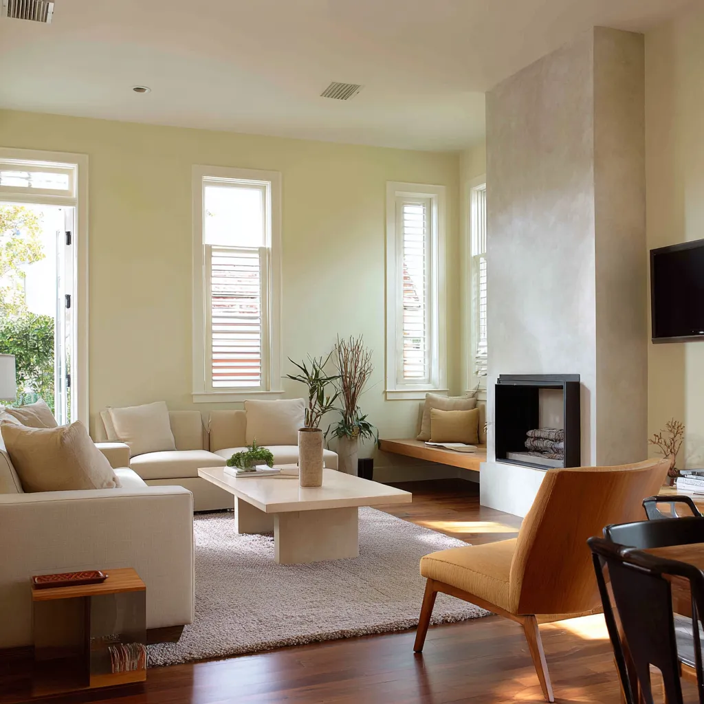 Open bright living room with a tall plaster chimney, narrow shuttered windows, low sectional sofa, built-in bench by the windows Open bright living room with a tall plaster chimney, narrow shuttered windows, low sectional sofa, built-in bench by the windows