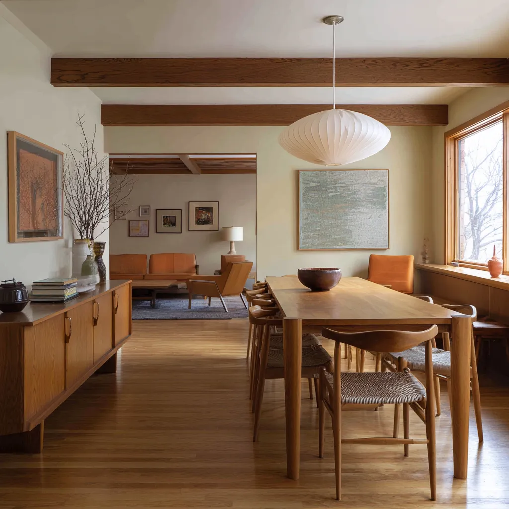 Open-plan Danish-inspired interior design composition with exposed ceiling beams, a large wood dining table Open-plan Danish-inspired interior design composition with exposed ceiling beams, a large wood dining table