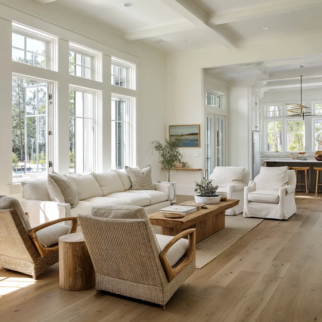 Open-plan Lowcountry living room with a wall of tall windows, pale coffer-like ceiling structure Open-plan Lowcountry living room with a wall of tall windows, pale coffer-like ceiling structure