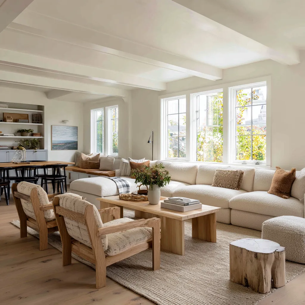 Open-plan Nordic coastal farmhouse living space with white-painted beams, a long cream sectional Open-plan Nordic coastal farmhouse living space with white-painted beams, a long cream sectional