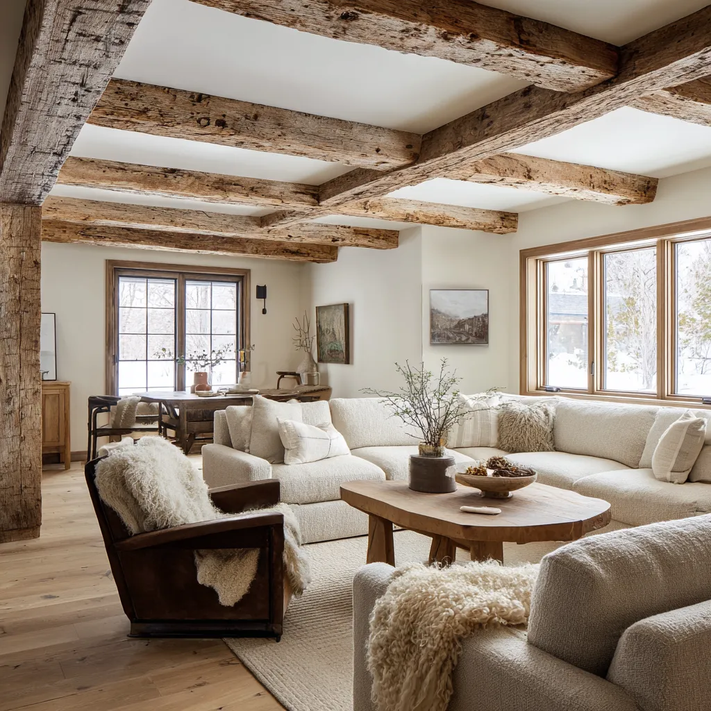 Open-plan rustic Scandinavian living room design concept with a weathered timber grid ceiling, pale sectional seating Open-plan rustic Scandinavian living room design concept with a weathered timber grid ceiling, pale sectional seating