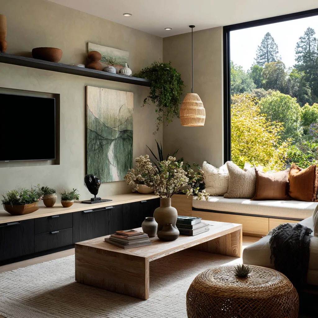 Organic living room with jade plaster walls, large picture window, built-in bench with ivory and cinnamon pillows, wicker pendant light Organic living room with jade plaster walls, large picture window, built-in bench with ivory and cinnamon pillows, wicker pendant light