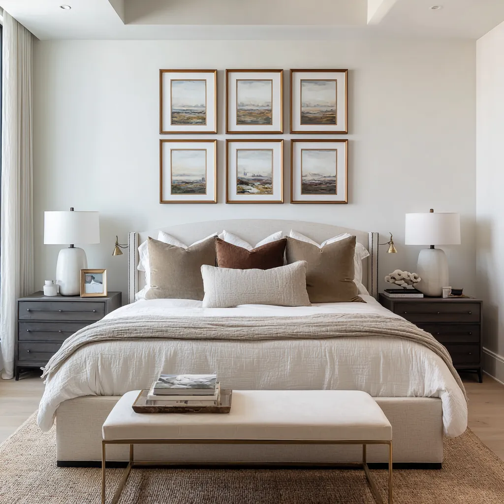 Over the bed decorating ideas with a symmetrical grid of six framed landscape studies, warm metallic wood frames Over the bed decorating ideas with a symmetrical grid of six framed landscape studies, warm metallic wood frames