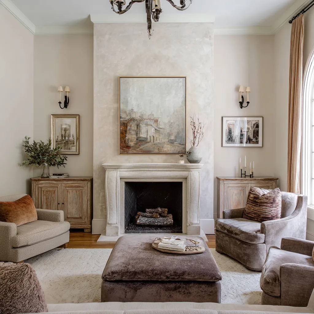Pale New Orleans themed living room design with a broad plaster chimney wall, simplified mantel, large artwork, oversized upholstered ottoman Pale New Orleans themed living room design with a broad plaster chimney wall, simplified mantel, large artwork, oversized upholstered ottoman