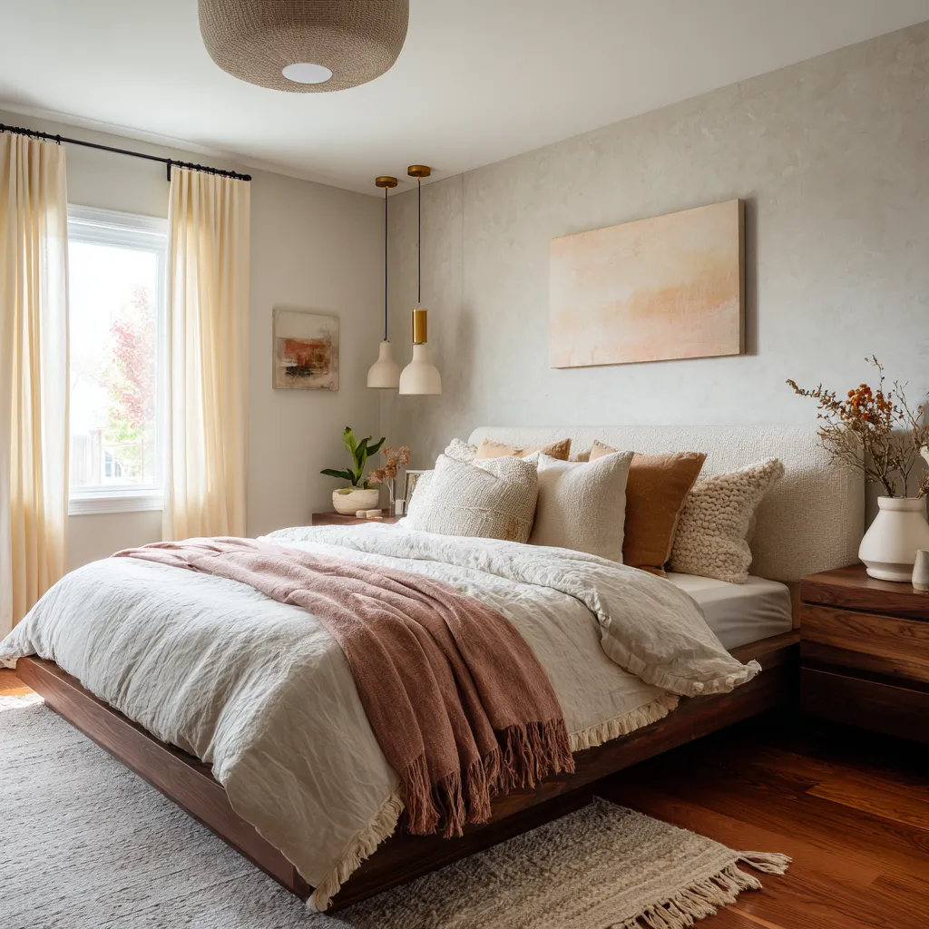 Pale bedroom with a low upholstered bed, blush throw, clay-brown accent pillow, soft abstract art Pale bedroom with a low upholstered bed, blush throw, clay-brown accent pillow, soft abstract art