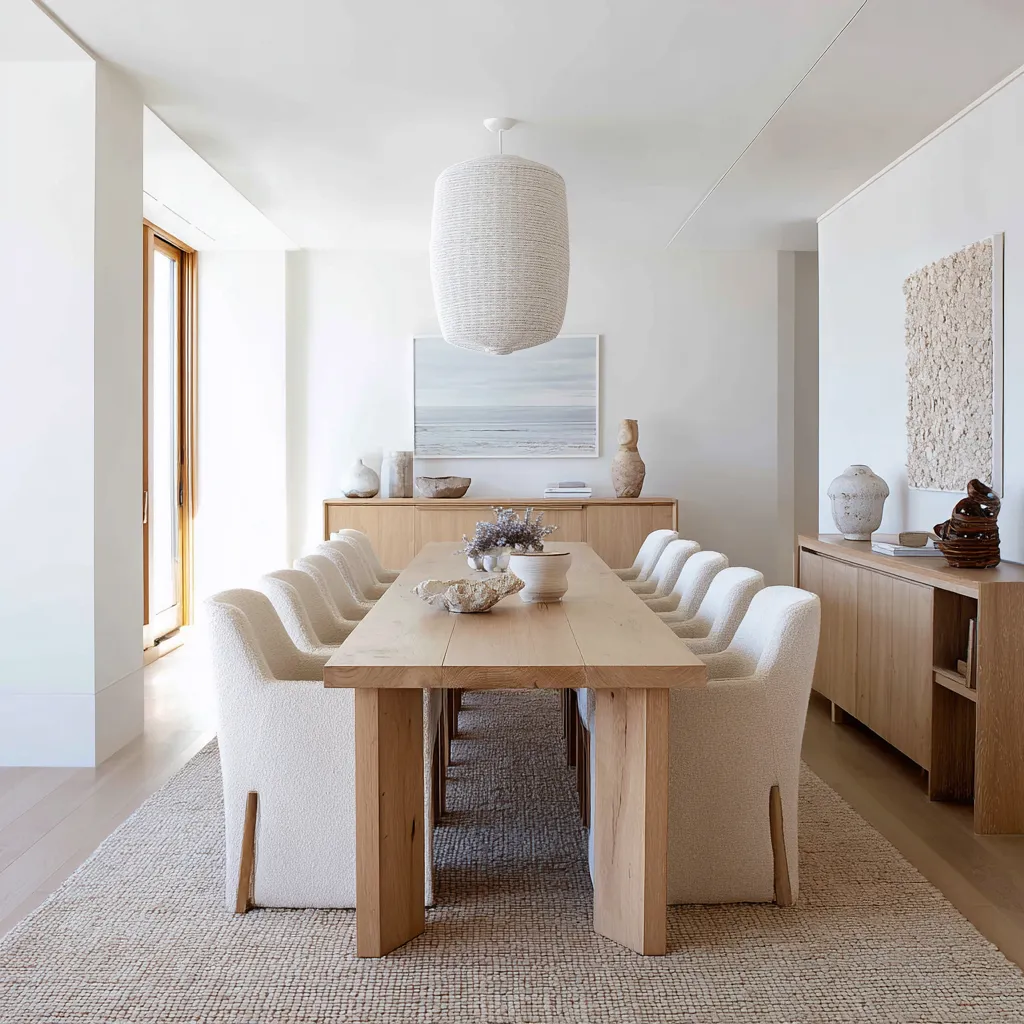 Pale coastal dining room design idea with a large woven pendant, long light wood table, rounded upholstered chairs
