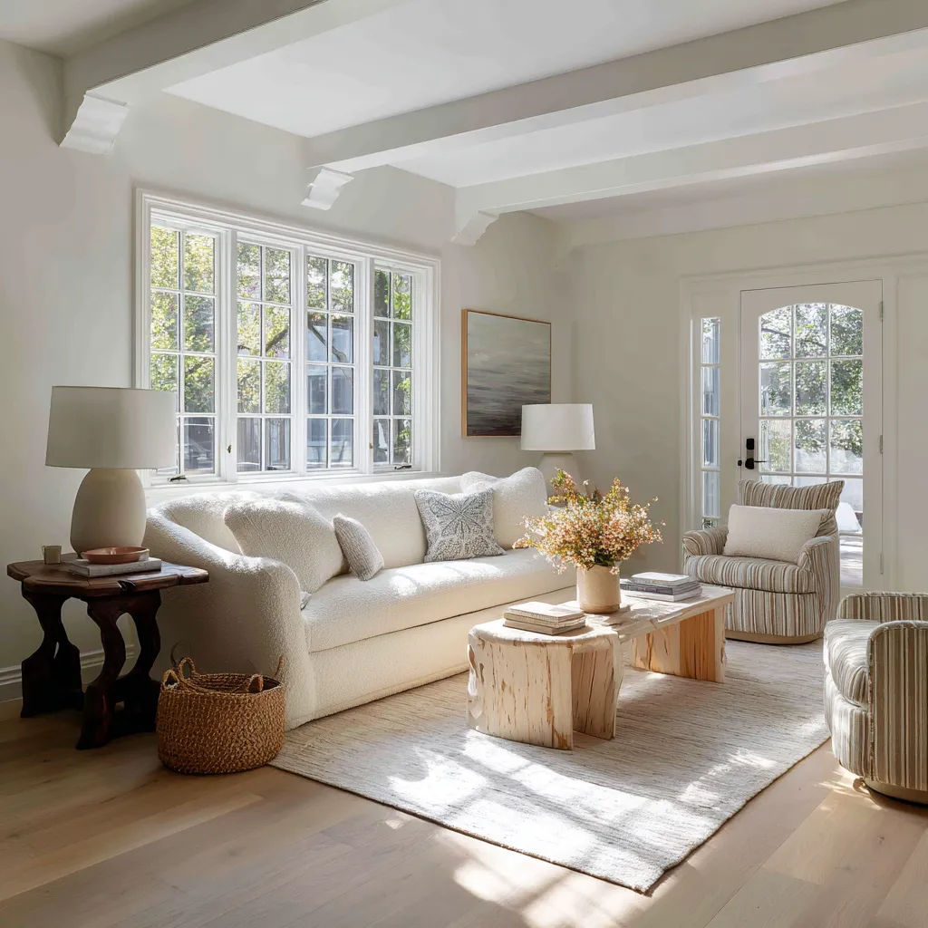 Pale grandmillennial living room design with textured sofa, striped swivel chairs, raw wood tables, basket accent Pale grandmillennial living room design with textured sofa, striped swivel chairs, raw wood tables, basket accent