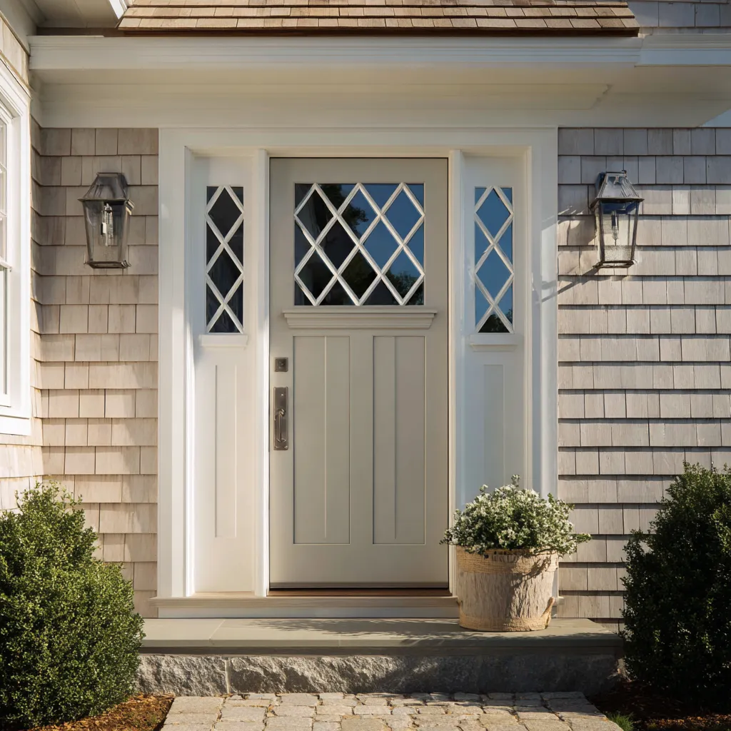 Pale gray-beige front entry with diamond-pane upper glass and slim matching sidelights composition Pale gray-beige front entry with diamond-pane upper glass and slim matching sidelights composition