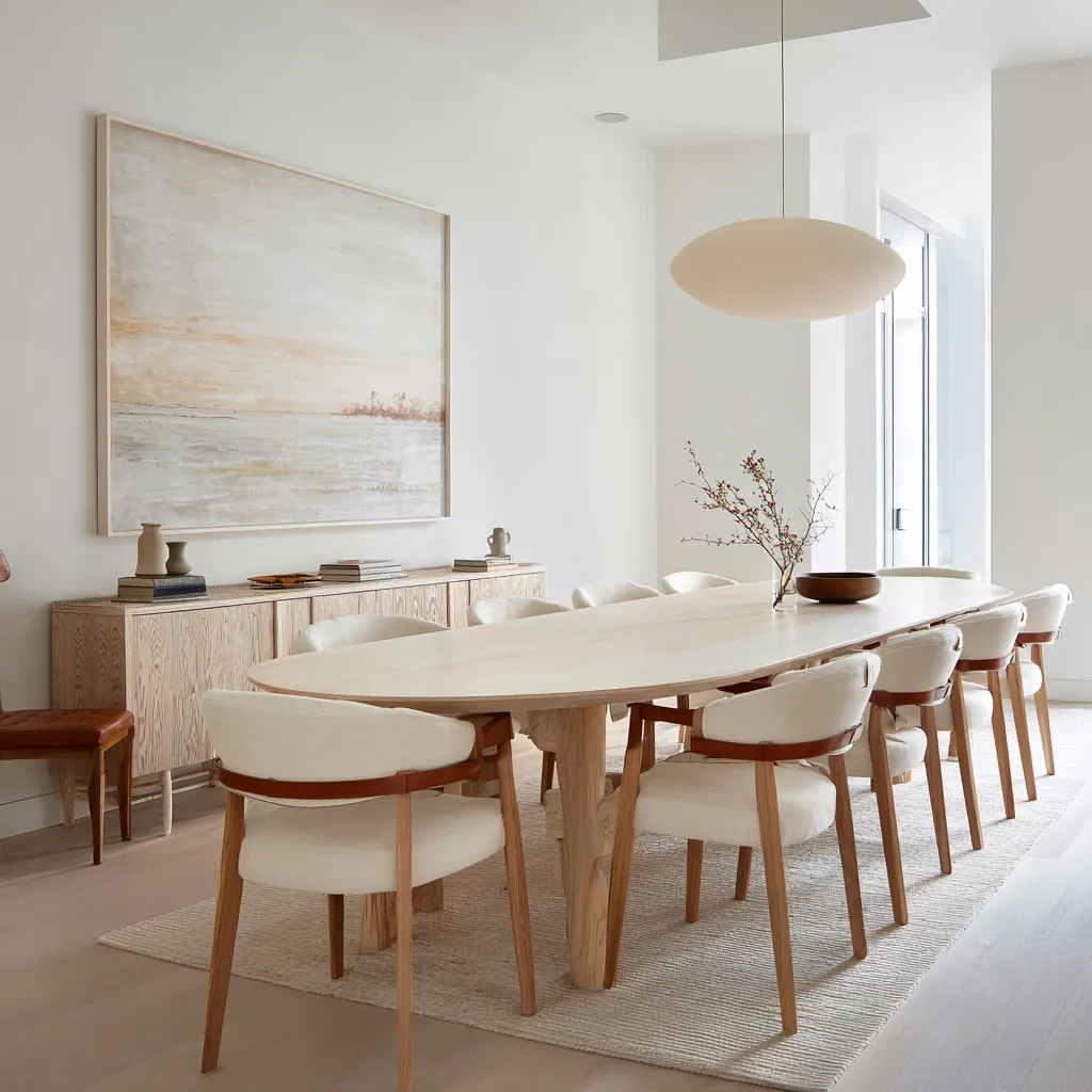 Pale horizon-inspired beath theme dining room design with a large low-contrast shoreline painting, pale oak sideboard Pale horizon-inspired beath theme dining room design with a large low-contrast shoreline painting, pale oak sideboard