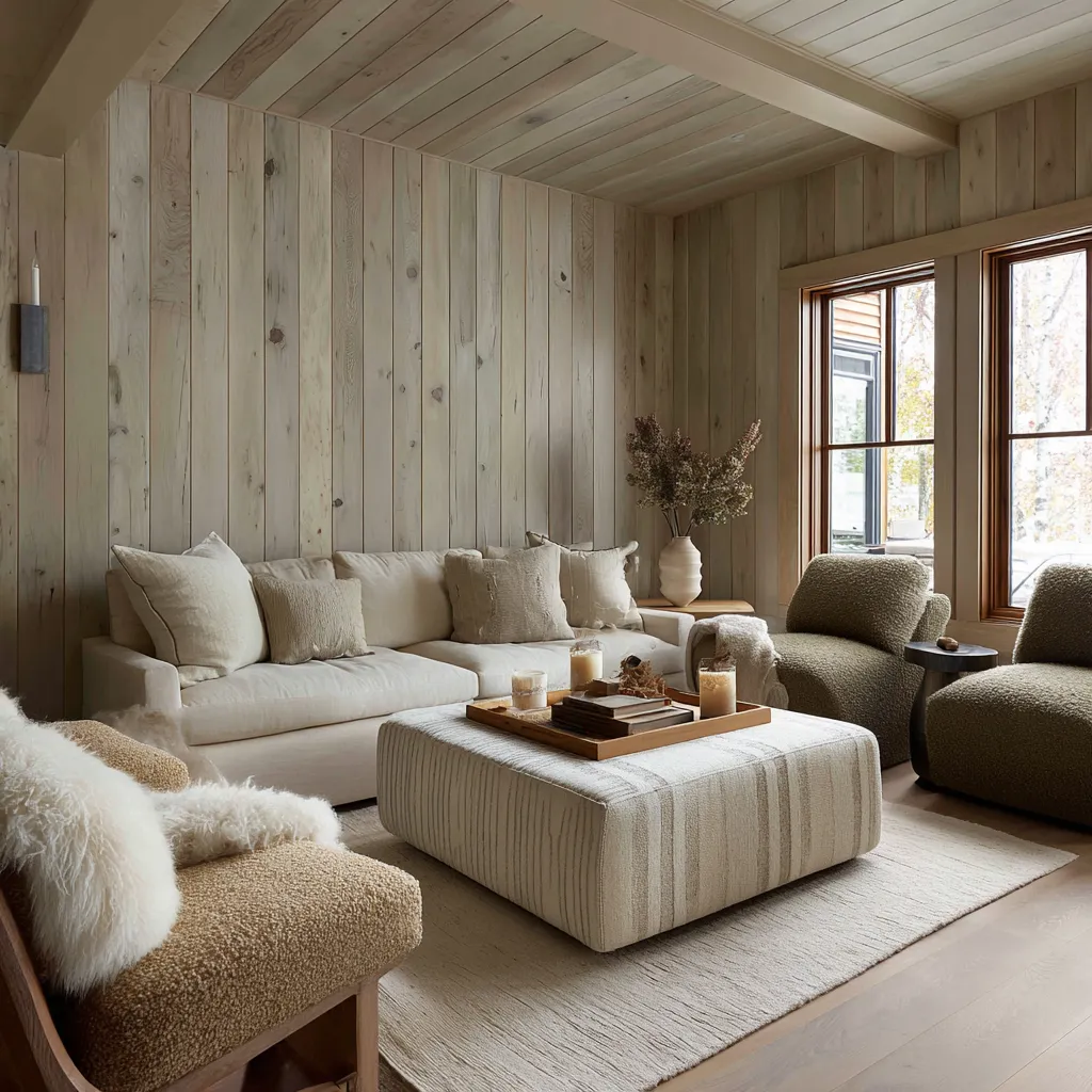 Pale timber-paneled rustic Scandinavian living room inspiration design with a full wood envelope, soft white seating Pale timber-paneled rustic Scandinavian living room inspiration design with a full wood envelope, soft white seating