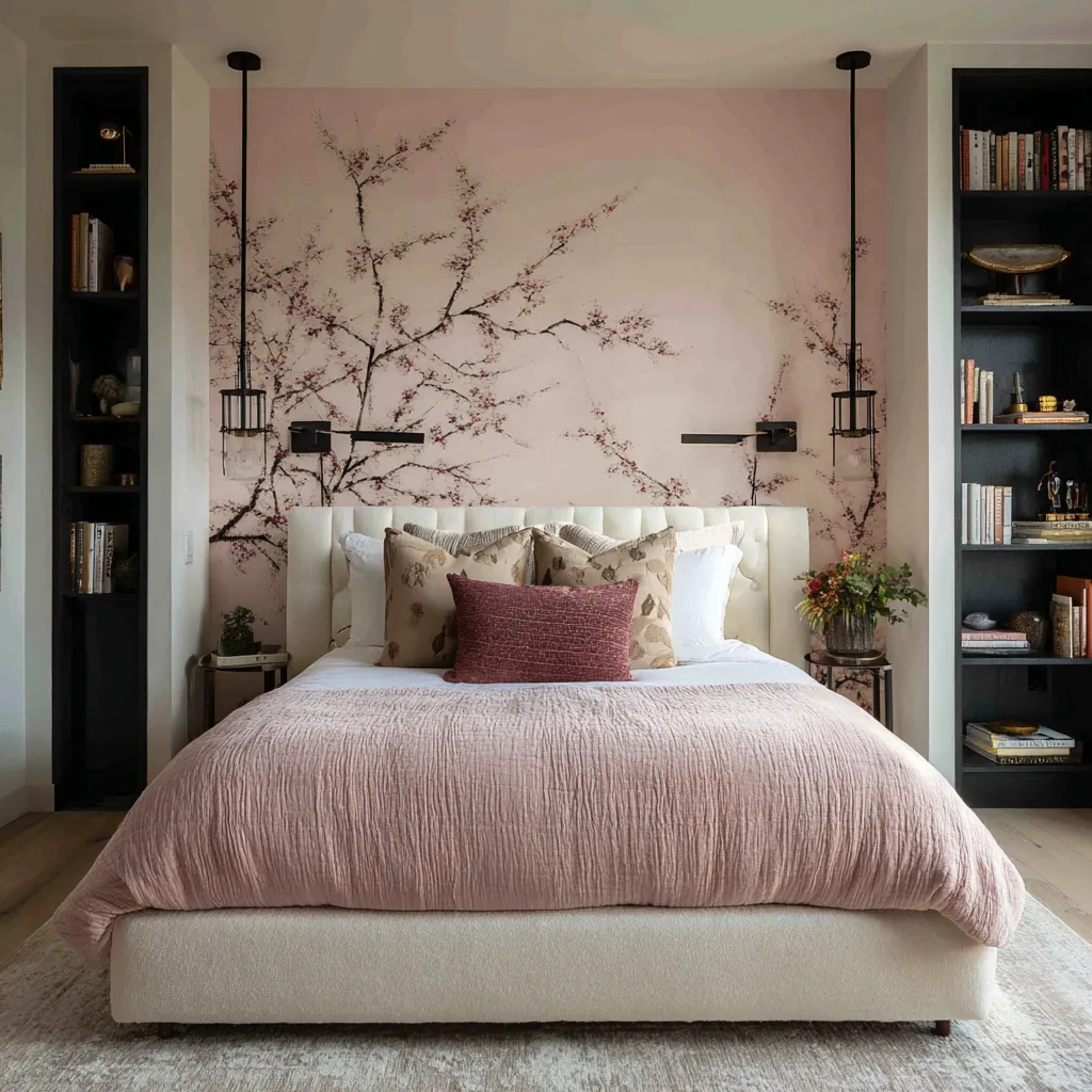Pink maximalist bedroom with a pale blossom mural, warm ivory upholstered bed, blush bedding, one berry lumbar pillow Pink maximalist bedroom with a pale blossom mural, warm ivory upholstered bed, blush bedding, one berry lumbar pillow