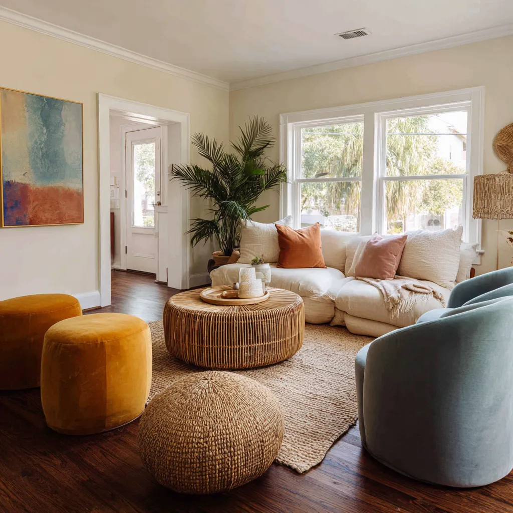 Playful boho maximalist living room with cream sectional, blue rounded chairs, mustard ottomans