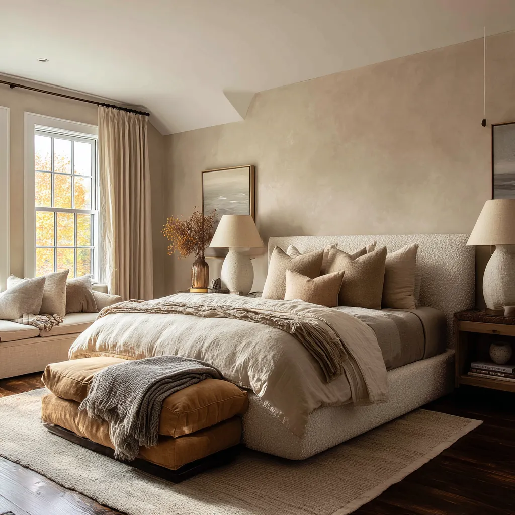 Plush cream bedroom with a deeply upholstered bed, matching ottoman, layered neutral bedding Plush cream bedroom with a deeply upholstered bed, matching ottoman, layered neutral bedding