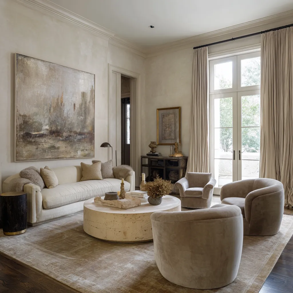 Polished cream-toned New Orleans style living room with high drapery, large artwork above the sofa, rounded upholstered chairs Polished cream-toned New Orleans style living room with high drapery, large artwork above the sofa, rounded upholstered chairs