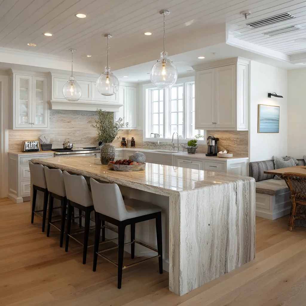 Polished modern Cape Cod kitchen concept with cream-painted cabinetry, beadboard ceiling Polished modern Cape Cod kitchen concept with cream-painted cabinetry, beadboard ceiling
