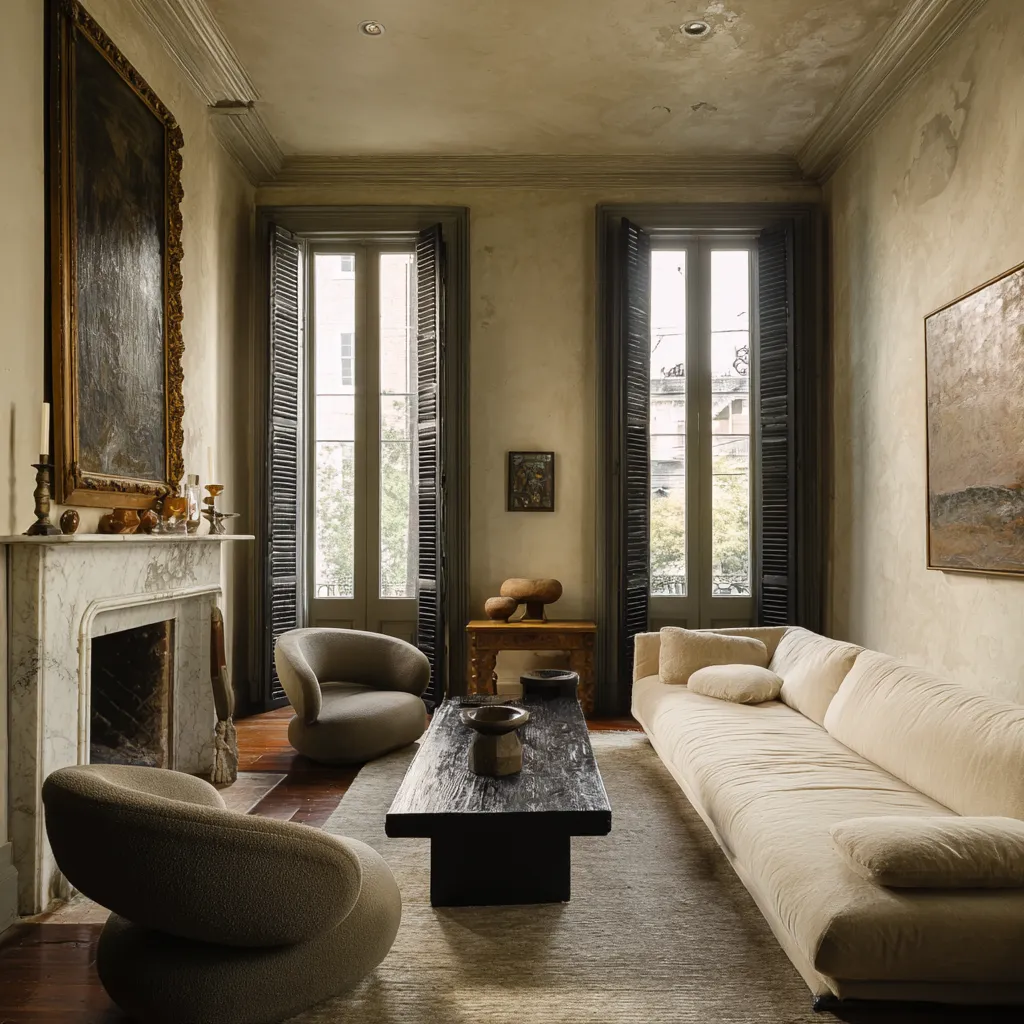 Quite narrow New Orleans style living room design with textured pale plaster walls, twin tall dark-shuttered openings, marble fireplace Quite narrow New Orleans style living room design with textured pale plaster walls, twin tall dark-shuttered openings, marble fireplace