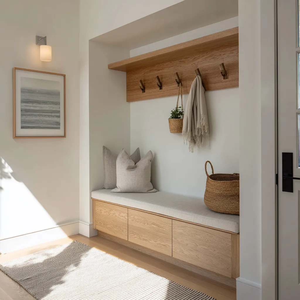 Quite simple coastal entryway design with built-in mudroom bench, oak hook rail, soft pillows Quite simple coastal entryway design with built-in mudroom bench, oak hook rail, soft pillows