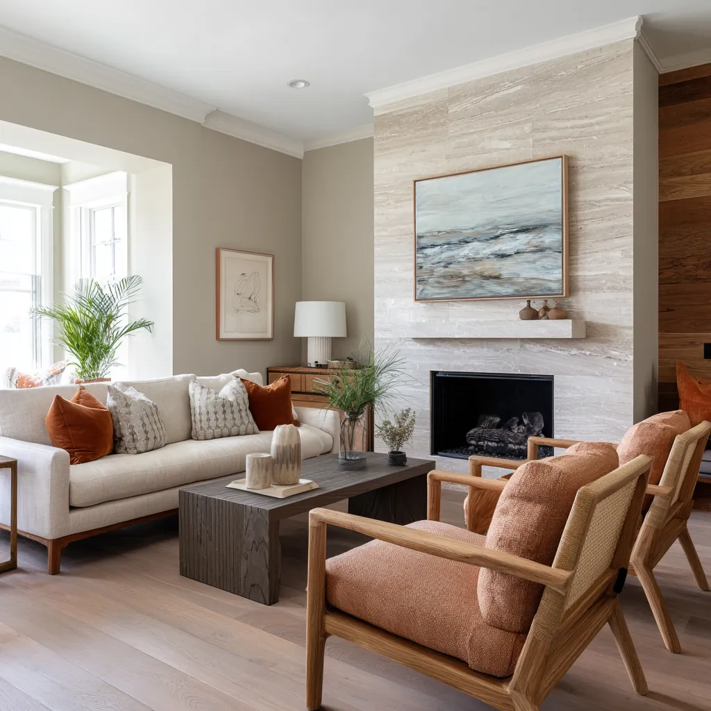 Refined Danish-inspired interior design ideas with a smooth stone fireplace wall, pale sofa, rust lounge chairs Refined Danish-inspired interior design ideas with a smooth stone fireplace wall, pale sofa, rust lounge chairs