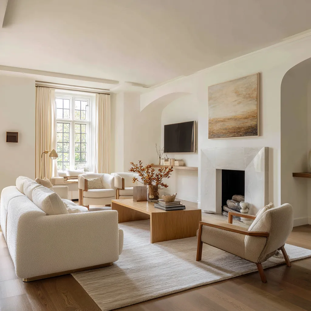 Refined Nordic living room with mild Deco structure, showing a pale sofa, rounded chairs Refined Nordic living room with mild Deco structure, showing a pale sofa, rounded chairs