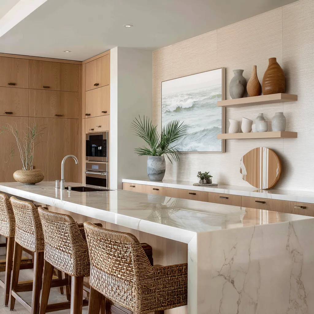 Refined coastal style kitchen ideas with dark oval table, built-in bench, slim pendant lights, creamy cabinetry